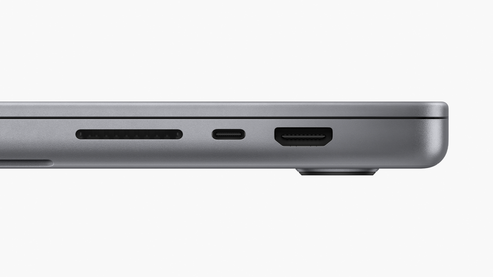 The new MacBook Pro's HDMI port, SDXC port, and Thunderbolt port (right side of device).