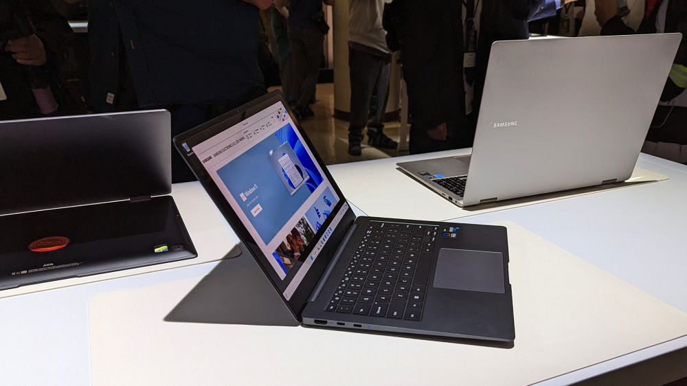 The Samsung Galaxy Book 3 Pro sitting with other Galaxy Book laptops at Unpacked 2023