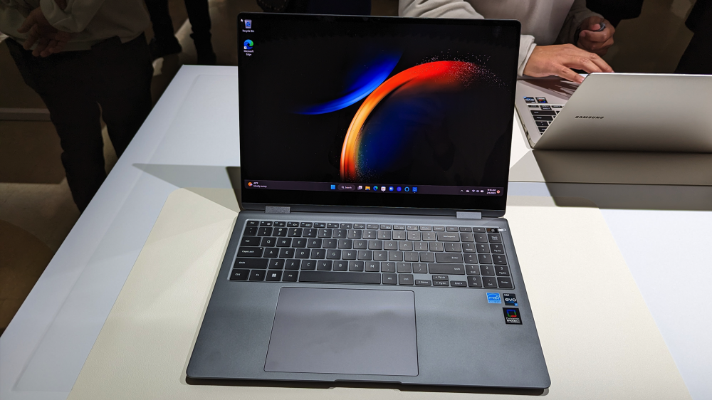 The Galaxy Book 3 Pro 360 in laptop mode at Unpacked 2023.