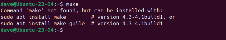 Trying the make command without it installed results in an error with suggestions.