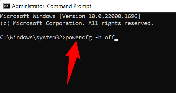 Disable hibernation with a command in Windows 11.